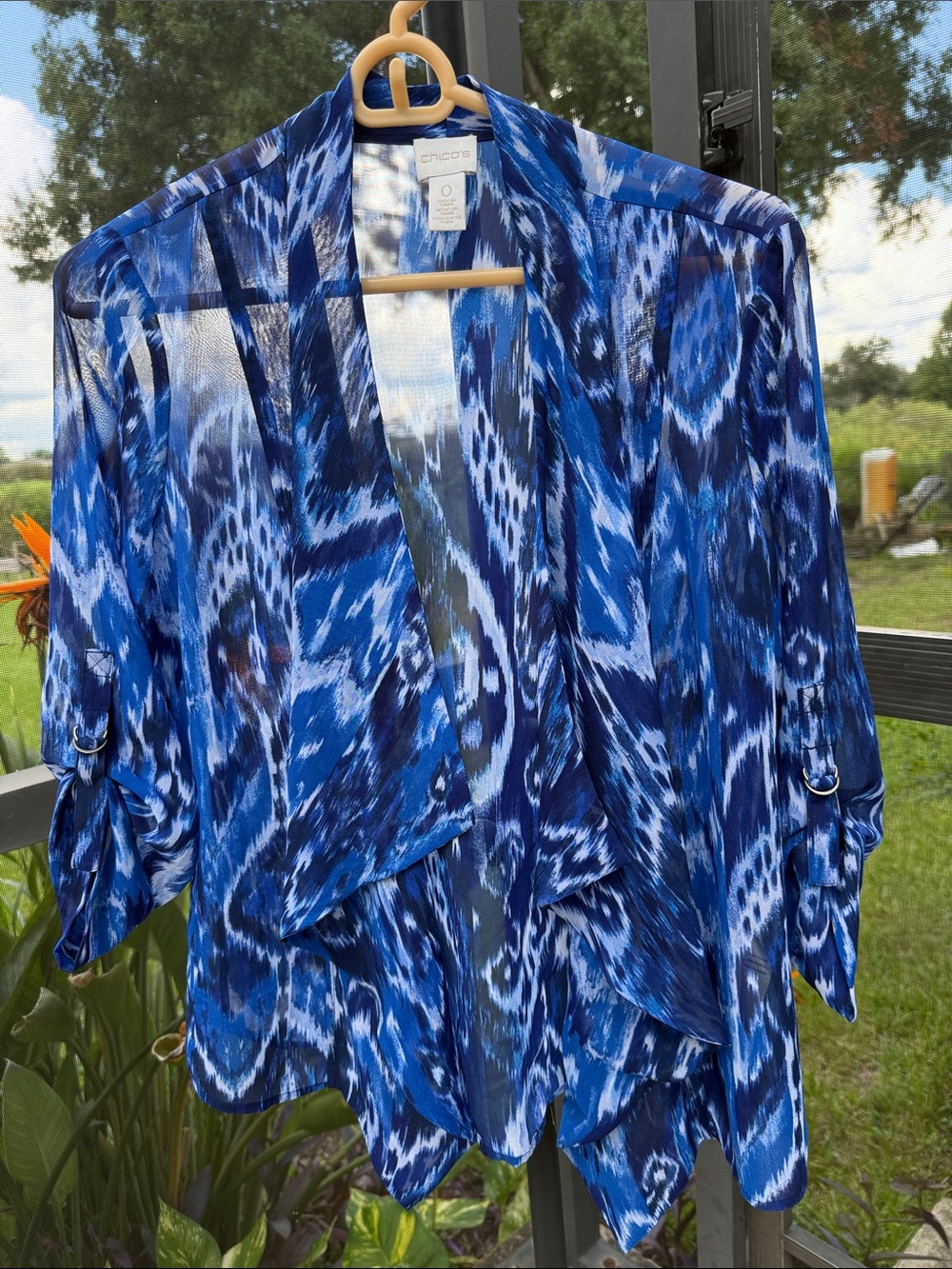 Chico's size 0 Blue Multi-Print Open-Front Tunic